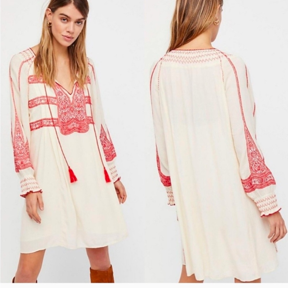 Free People Cream and Red Boho Dress